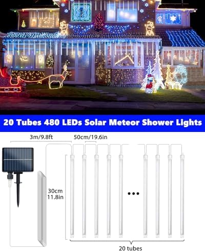 20 Tubes White Solar Meteor Shower Icicle Lights 480 LED Christmas Outdoor - Image 4