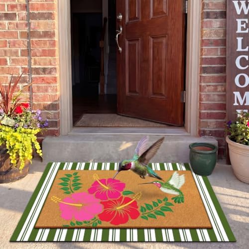 Drydiet 2 Pcs Summer Front Door Mat Set, Hibiscus Coir Striped Doormat - Image 3