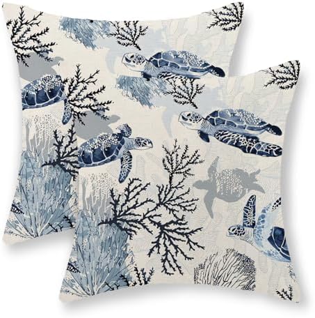 Coastal Turtle Pillow Covers 18x18 Set of 2 Coral Sea Nautical Decorative Throw Pillows Blue Beach Themed Ocean Outdoor Pillow Cases Linen Farmhouse Cushion Case for Couch Sofa Bedroom Decor by JEFERSO