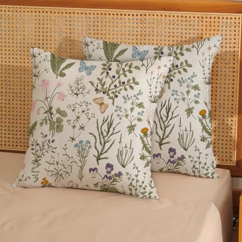 Sage Green Pillow Covers 20x20 Inch 2 Pcs Spring Green Wild Flower Decor Throw Pillows Vintage Floral Botanical Seasonal Summer Outdoor Decoration Pillowcase Linen Cushion Cover for Couch Sofa - Image 2