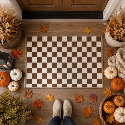 Duraaamo Brown and White Checkered Rug 2' x 3' for Fall Outdoor Decor - Image 6