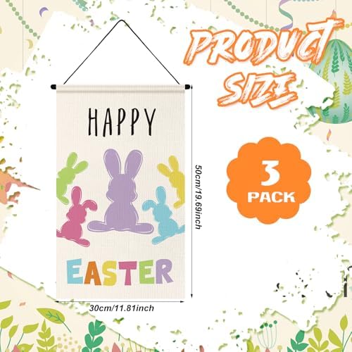 Tegeme 3 Pcs Happy Easter Door Sign Flag Welcome Easter Door Banner Bunny Wall Hanging Ornaments Flag for Party Holiday Outdoor Indoor Home Decoration - Image 2