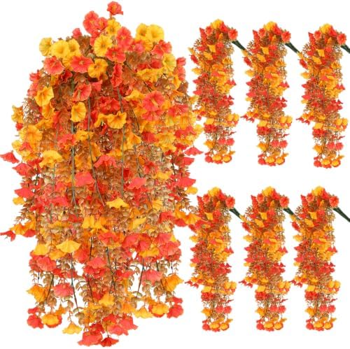 6 Pcs Artificial Hanging Flowers for Outdoor 30 Inch Orange Yellow Morning Glory Vines Brown Stem UV Resistant Fake Hanging Plants Silk Hanging FlowersGarden Porch Patio Window Box Fall Decor by Sariiraw