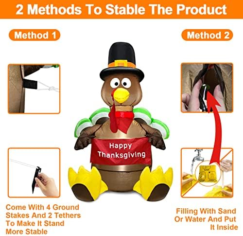 TURNMEON 4 Ft Thanksgiving Inflatable Decorations Outdoor, Blow up Turkey Holds Happy Thanksgiving Banner LED Lights for Yard Lawn Garden Fall Autumn Decoration Home Decor Outside Indoor - Image 3