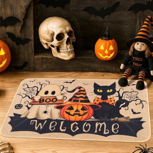 Halloween Welcome Mat for Front Door Cute Ghost Cat Pumpkin Decor 17"x26.8" by FTTOYOLY