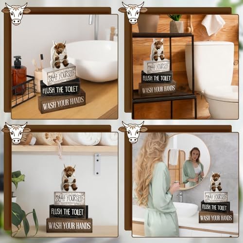 Moucuny 4 Pcs Highland Cow Bathroom Decor Funny Wooden Signs Farmhouse - Image 5