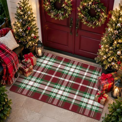 Moucuny Christmas Red Green White Brown Plaid Outdoor Rug 3' X 5' Doormat - Image 4