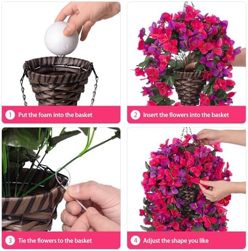 Bougainvillea Artificial Hanging Fake Flowers with Basket for Outdoors Decoration, Faux Silk Flowers UV Resistant Fake Plants Long Vines Realistic for Outside Front Door Porch Patio, Fuchsia Hotpink - Image 4