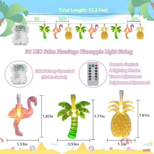 Summer Tropical Beach String Lights Battery Operated 15.3Ft 30 LED Flamingo Pineapple Palm Tree Fairy Lights with Timer, Outdoor Tropical Hawaiian Light for Beach Wedding Pool Garden Party Decor - Image 2