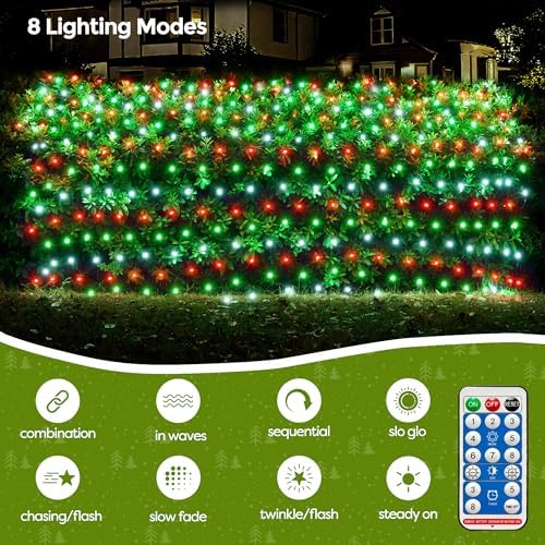 WBao Solar Christmas Net Lights 200LED F8 Big Bulbs, 8.4ft x 5.2ft Christmas Bushes Lights with Remote Control, 8 Modes, Timer, Waterproof for Lawn, Bushes, Outdoor Xmas Decorations, Red Green White - Image 3