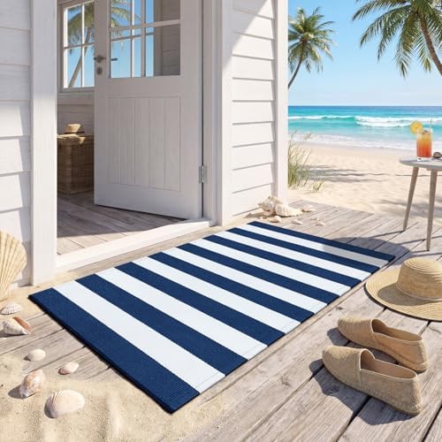 Duraaamo Nautical Navy White Stripe Outdoor Rug 2.3' X 3.6' for Front Porch - Image 2