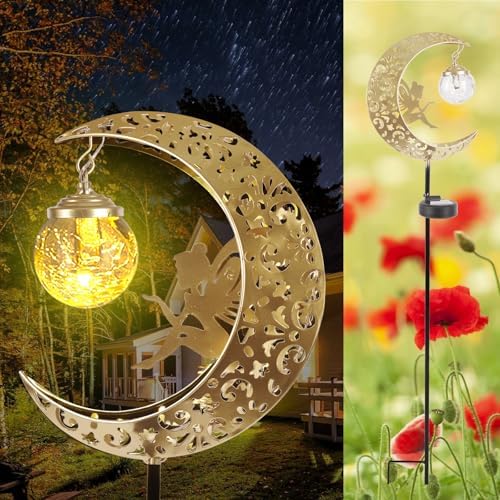 Solar Lights Outdoor Waterproof Fairy Moon Crackle Glass Lights with Metal Angel Decor for Walkway Yard Patio or Garden Gifts for Mom Grandma Friends - Image 4