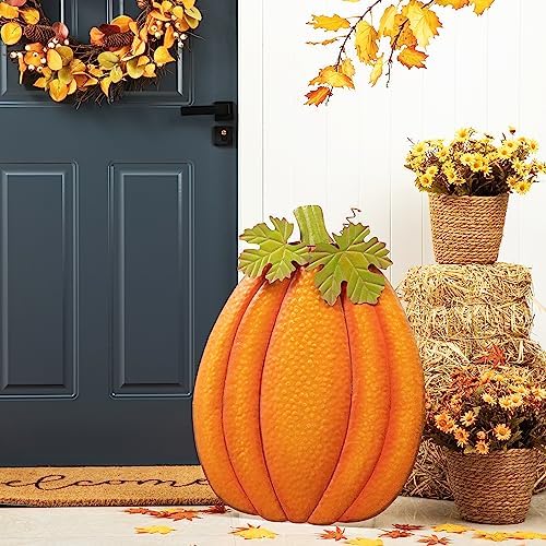 Glitzhome 37.75" H Fall Metal Embossed Pumpkin Yard Stake,Pumpkins Garden Standing Stakes or Hanging Pumpkin Signs for Autumn Harvest Thanksgiving Halloween Lawn Decorations(Three Functions) - Image 3