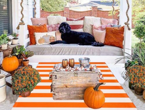 Fall Outdoor Patio Rug 4' x 6' Orange White Washable Striped Outdoor Rug - Image 5