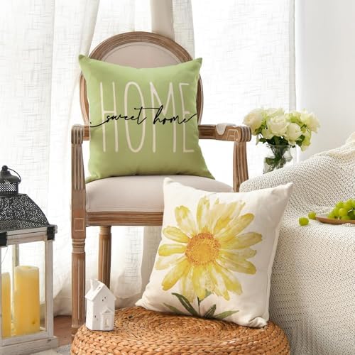 AVOIN colorlife Home Sweet Home Spring Summer Flowers Green Throw Pillow Covers, 16 x 16 Inch Cushion Case for Sofa Couch Set of 4 - Image 3