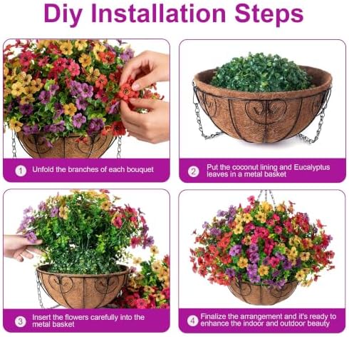 HyeFlora Artificial Faux Hanging Plants Flowers Basket for Summer Outdoor Outside Decoration, Fake Silk UV Sun Resistant Look Real Colorful Daisy Eucalyptus for Porch Home Patio Balcony Yard - Image 3