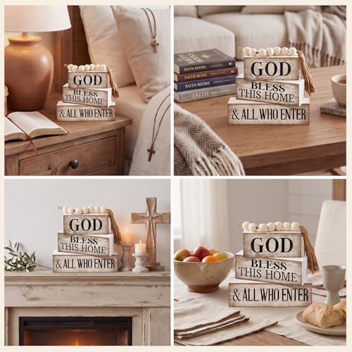Moucuny 4 Pcs Christian Table Decor Rustic God Bless This Home Stacked Sign - Image 5