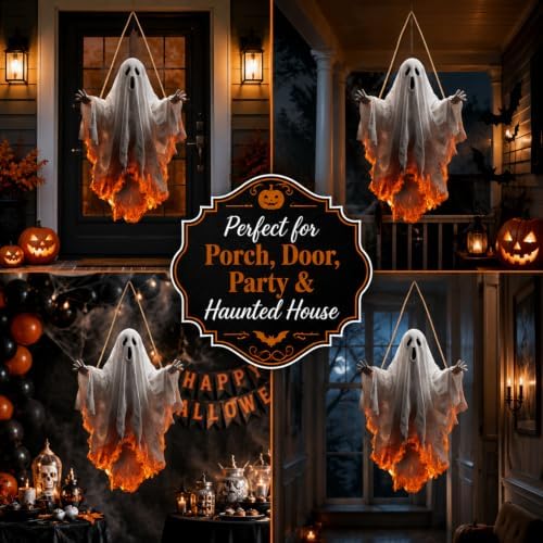 Halloween Door Sign Wooden Wreath 2D Door Hanger Fiery Burning Ghost Designs Halloween Front Wall Hanging Sign Scary Ghost Door Hanger for Home Porch Outdoor Holiday Decor - Image 7