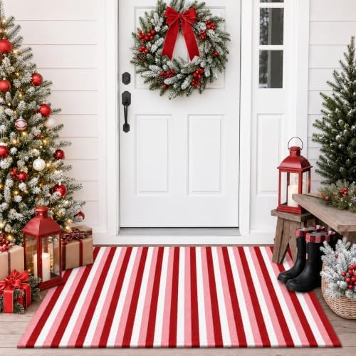 Moucuny 2'4'' X 3'7'' Christmas Red Pink White Vertical Stripe Outdoor Rug by Moucuny