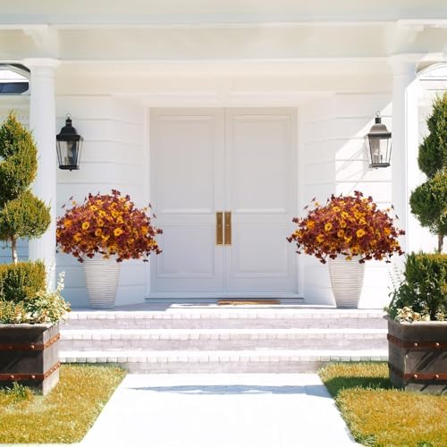 Grunyia 16 Bundles Artificial Fall Mums with Eucalyptus, Faux Daisy UV Resistant Outdoor Decor - Autumn Orange Flowers for Front Door Porch Planter, Patio, Thanksgiving Christmas (Fall Yellow&Red) - Image 4