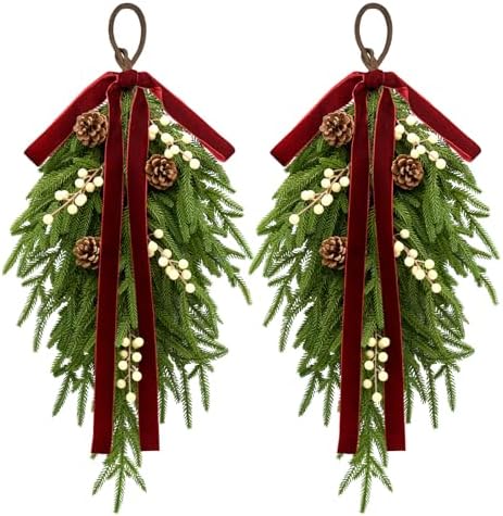nuvagiki Christmas Teardrop Swag Decorations, 24'' Christmas Teardrop Wreath Artificial Pine Needle Berries Hanging Decor, Red Velvet Bow Swag Decorations for Front Door Mantle Wall Indoor Home Decor by nuvagiki