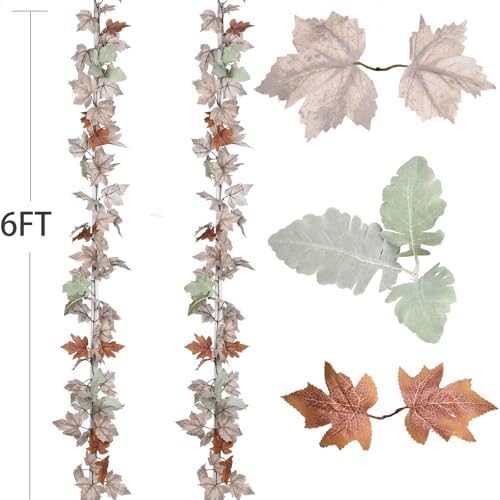 DearHouse 2 Pack Fall Maple Leaf Vine, 5.9Ft/Piece Hanging Garland White Autumn Foliage Thanksgiving Decor for Home Wedding Fireplace Party Christmas (White&Orange) - Image 7