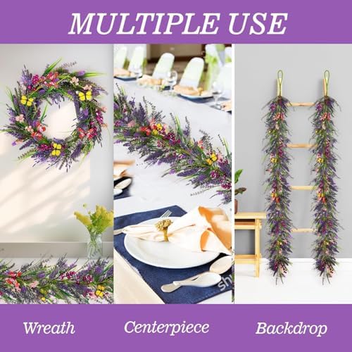 6.5 Ft Artificial Lavender Purple Garland Spring Summer Lavender Wild Flower Butterflies Wreath Swags Vine for Wedding Arch Porch Stair Table Indoor Door Home Mantle Fireplace All Year Decoration - Image 7