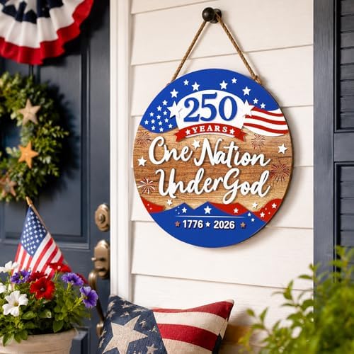 JarThenaAMCS 250th Anniversary Welcome Door Sign Patriotic 3D Wooden Hanging Sign American Flag Fireworks Round Door Hanger for 4th of July Independence Memorial Day Home Wall Decorations, 12 Inch - Image 3