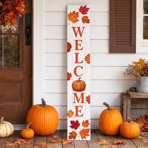 Fall Welcome Porch Sig 47" Tall Vertical Wooden Sign with Pumpkin Maple Leaves Farmhouse Rustic Autumn Thanksgiving Harvest Decoration Standing Hanging for Front Porch Indoor Outdoor - Image 6