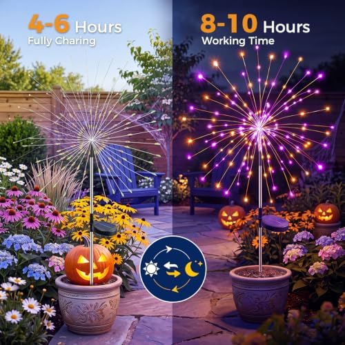 btfarm 4 Pack Solar Halloween Lights Outdoor, Orange Purple Firework Light - Image 7