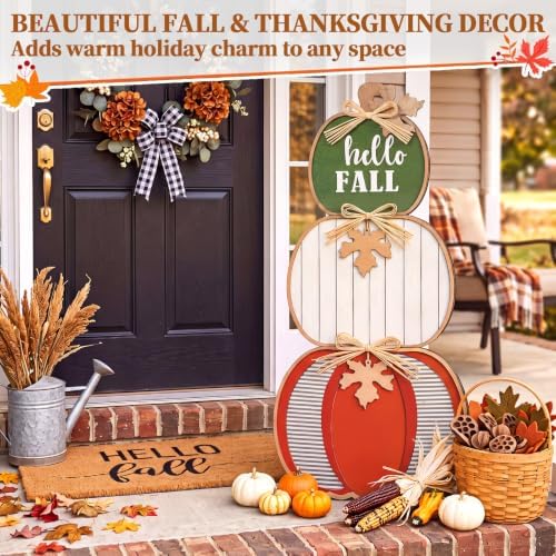 Threehoney 35 Inch Fall Stacked Pumpkins for Porch Wooden Outdoor Standing Pumpkin Decor Thanksgiving Harvest Farmhouse Sign for Yard Front Door Garden Patio Outdoor(Hello Fall,Earthy Color) - Image 5