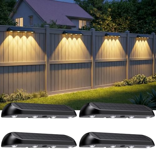 11.81inch Solar Fence Lights Outdoor Waterproof, 3-Mode (3000K/4000K/6000K),4 LED with Upgraded High-Efficiency Solar Panel & Wide Beam for Backyard/Patio/Deck/Step/Home Improvement(4 Pack) by Unknown