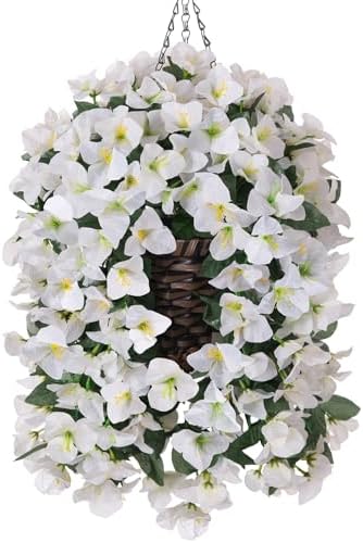 Ivydale Bougainvillea Artificial Hanging Fake Flowers with Basket for Outdoors Decoration, Faux Silk Flowers UV Resistant Fake Plants Long Vines Realistic for Outside Front Door Porch Patio, White by Ivydale