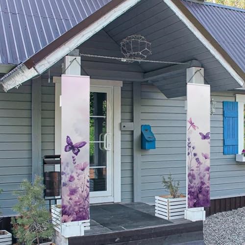 Butterfly Front Door Hanging Banner Floral Summer Porch Sign Hanging Flag Porch Sign for Front Door Outdoor Seasonal Holiday Wedding Yard Decor Farmhouse Indoor Wall Backdrop Purple - Image 3