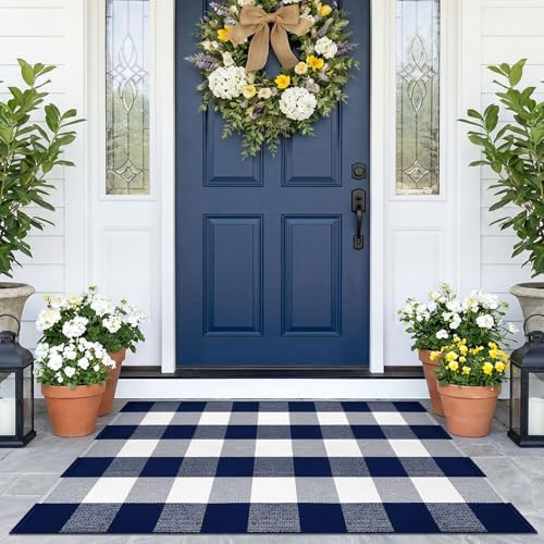 KOZYFLY Buffalo Plaid Area Rugs 2.3x3.6 Ft Blue and White Door Rug by KOZYFLY