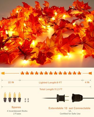 VCOKEN 11FT Fall Garland With Lights - 50 Bulbs Connectable Maple Leaves With Pumpkin, Plug-in Decor for Outdoor Indoor Halloween Thanksgiving Holidays - Image 4