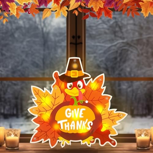 Wonderjune 13.7" Thanksgiving Door Sign LED Turkey Give Thanks Fall Decor - Image 5