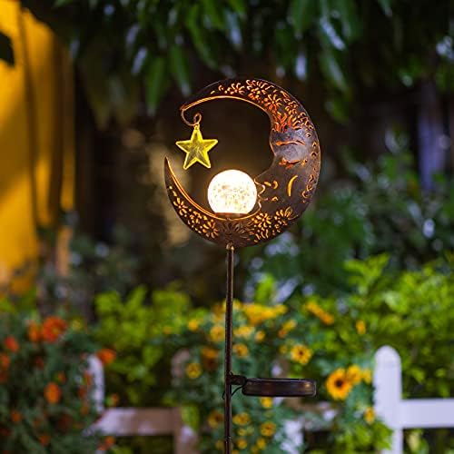 Hapjoy Solar Lights Outdoor Decor Moon Lantern for Patio,Lawn or Pathway Moon Decorations Crackle Glass Globe Stake Metal Lights Waterproof Warm LED Garden Gifts (Bronze) - Image 6