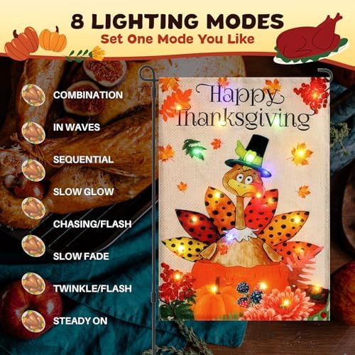 Lighted Thanksgiving Turkey Garden Flag 12 x 18 Inch Double Sided Outside,Solar Light Up Happy Thanksgiving Decorative Yard Flag Holiday Outdoor Decoration - Image 3