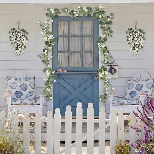 Pinkpum 20'' Eucalyptus Wreath 22'' Daisy Teardrop Swags Set 4 for Front Door Fireplace Hanging Porch Wall Home Window Kitchen Decor Farmhouse Garden Party Indoor Outdoor Summer Spring Fall - Image 6