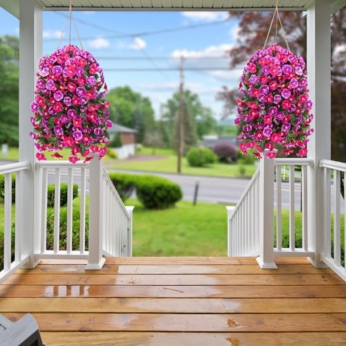 Artificial Fake Hanging Flowers Plants for Outdoor Outside Spring Summer Decoration 2PCS Faux Silk UV Resistant Realistic Morning Glory Trailing Vines for Home Porch Patio Balcony(Rose red & Magenta) - Image 3