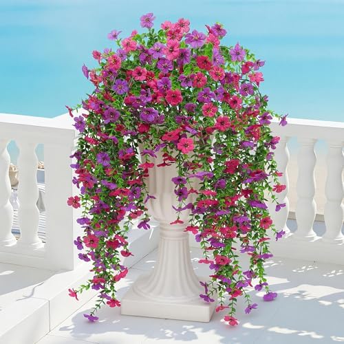 Artificial Fake Hanging Flowers Plant for Outdoors Spring Summer Home Decor Faux Silk Daisy with Eucalyptus 4 Pcs Realistic UV Resistant Indoor Outside Garden Porch Patio Balcony Yard(Purple Fuchsia) by Unknown