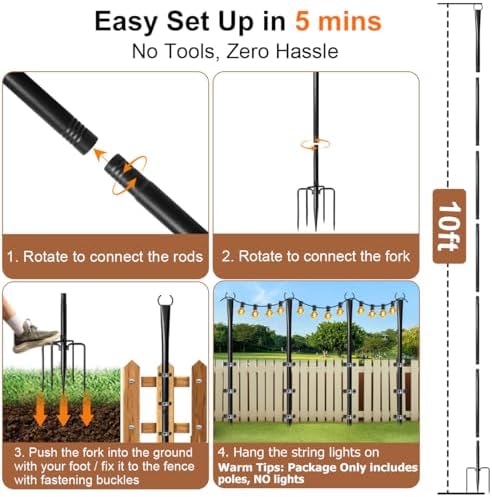 10 Pack String Light Poles for Outside, Upgraded Heavy-Duty Metal Poles for Outdoor String Lights with Fork, Adjustable Lighting Hanging Accessories for Patio Decor Pergola Backyard Garden Decorations - Image 6