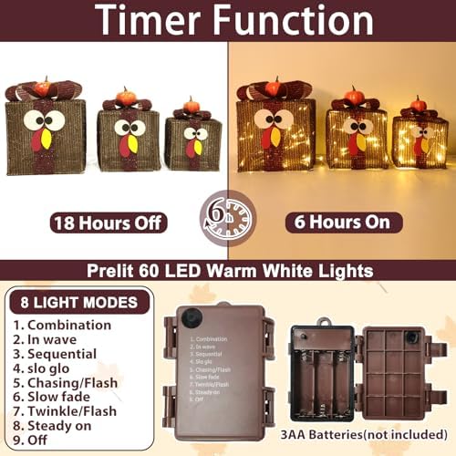 [Timer & 8 Modes]３Pack Thanksgiving Decorations Turkey Lighted Gift Boxes with 3D Pumpkin 60 LED Lights Glitter Tinsel Battery Operated Thanksgiving Outdoor Light Up Present Boxes for Home Yard Decor - Image 3