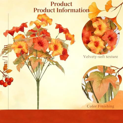 Artificial Fall Flowers for Outdoors, Faux Petunias Autumn Decoration, Fake Flowers Plants UV Resistant Look Real Silk Flowers for Outside Planter Front Door Porch Patio Yard (12, Orange-Yellow) - Image 2
