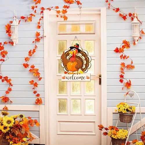 Thanksgiving Turkey Door Sign Decorations, Fall Welcome Wooden Hanging Sign, Give Thanks Wood Vintage Pumpkin Rustic Autumn Harvest Wall Plaque Wreath Hanger Decor for Home Yard Porch - Image 5