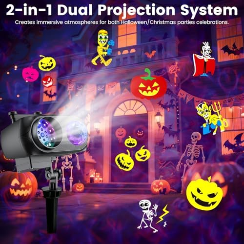 Halloween Christmas Projector Lights Outdoor，LED Projector Lights,2-in-1 Dual Projection System with 10 Slides，15W Brighter HD Ocean Wave Effect,Waterproof for Indoor/Outdoor Decor, Home Party. - Image 2
