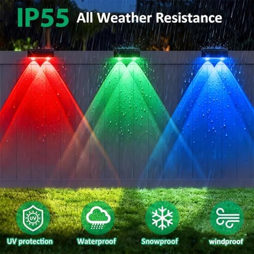 Solar Fence Lights Outdoor - Warm White & RGB 6 Color, Dusk to Dawn Deck Light, IP55 Waterproof Garden Lights for Outside/Backyard/Railing/Step/Patio/Wall (2PK) - Image 3
