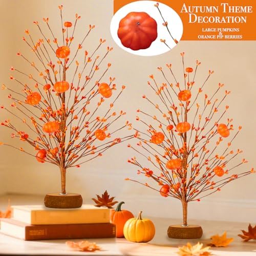 2 Pack Fall Decor Artificial Tree with Orange Pumpkins and Berries 15 Inch - Image 2