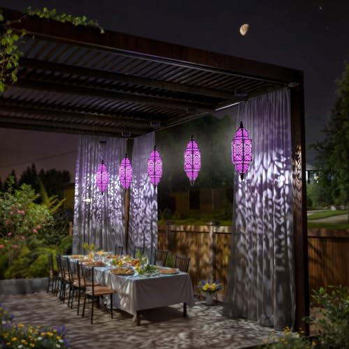 Twinkya 2 Pack Hanging Solar Lights Outdoor Garden Decorative Solar Lantern Waterproof Metal Moroccan Outdoor Decorations for Patio Pathway Yard Porch Backyard Garden Decor (Purple, 2 Pack) - Image 3